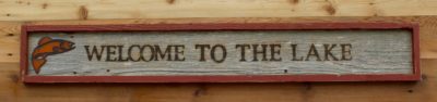Sign Welcome to the Lake with Fish Icon and Red Trim